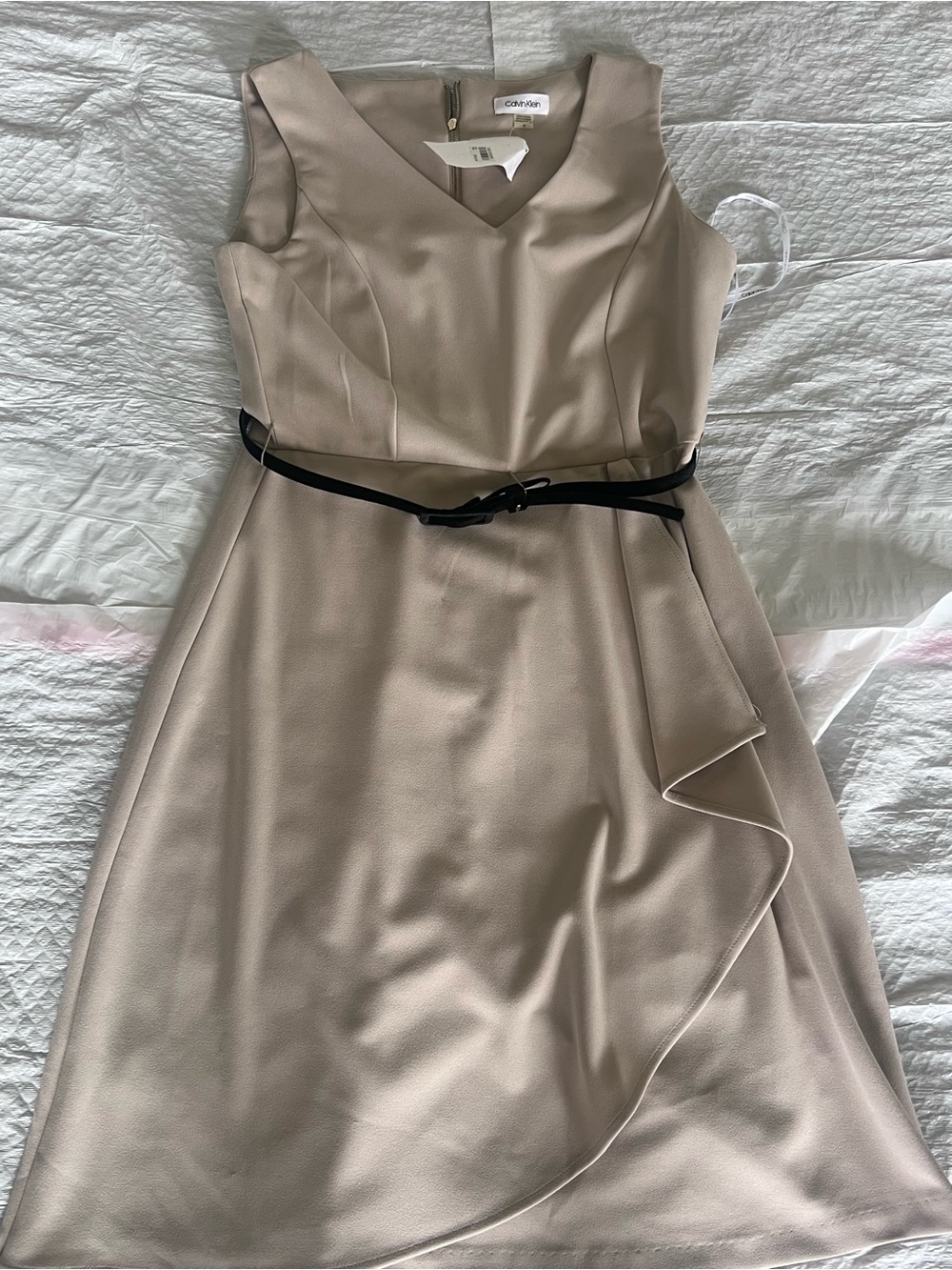Calvin Klein Taupe V-Neck Midi Sheath Dress with Black Belt